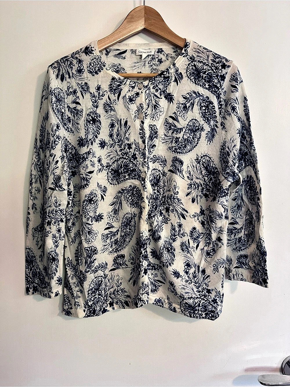 Garnet Hill Merino Wool Paisley Floral Cardigan Sweater Blue & White - Large